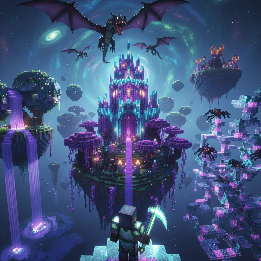Survival Blocks Community in a vibrant fantasy world with floating islands and dragons illuminating the night sky within a captivating Minecraft environment.