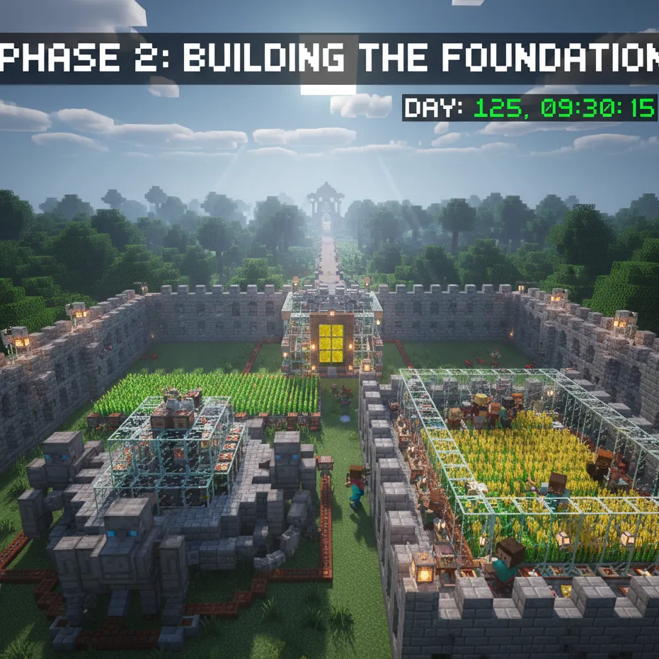 Survival Blocks Community showcases a pixelated fortress in a game environment. Green fields and stone structures visible under a clear sky indicate progress and creativity.