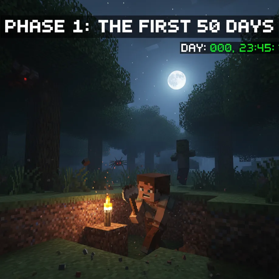Survival Blocks Community gamer starts adventure in Minecraft-like world at night. Holding a torch surrounded by trees and a zombie, day zero, immersive gaming experience.