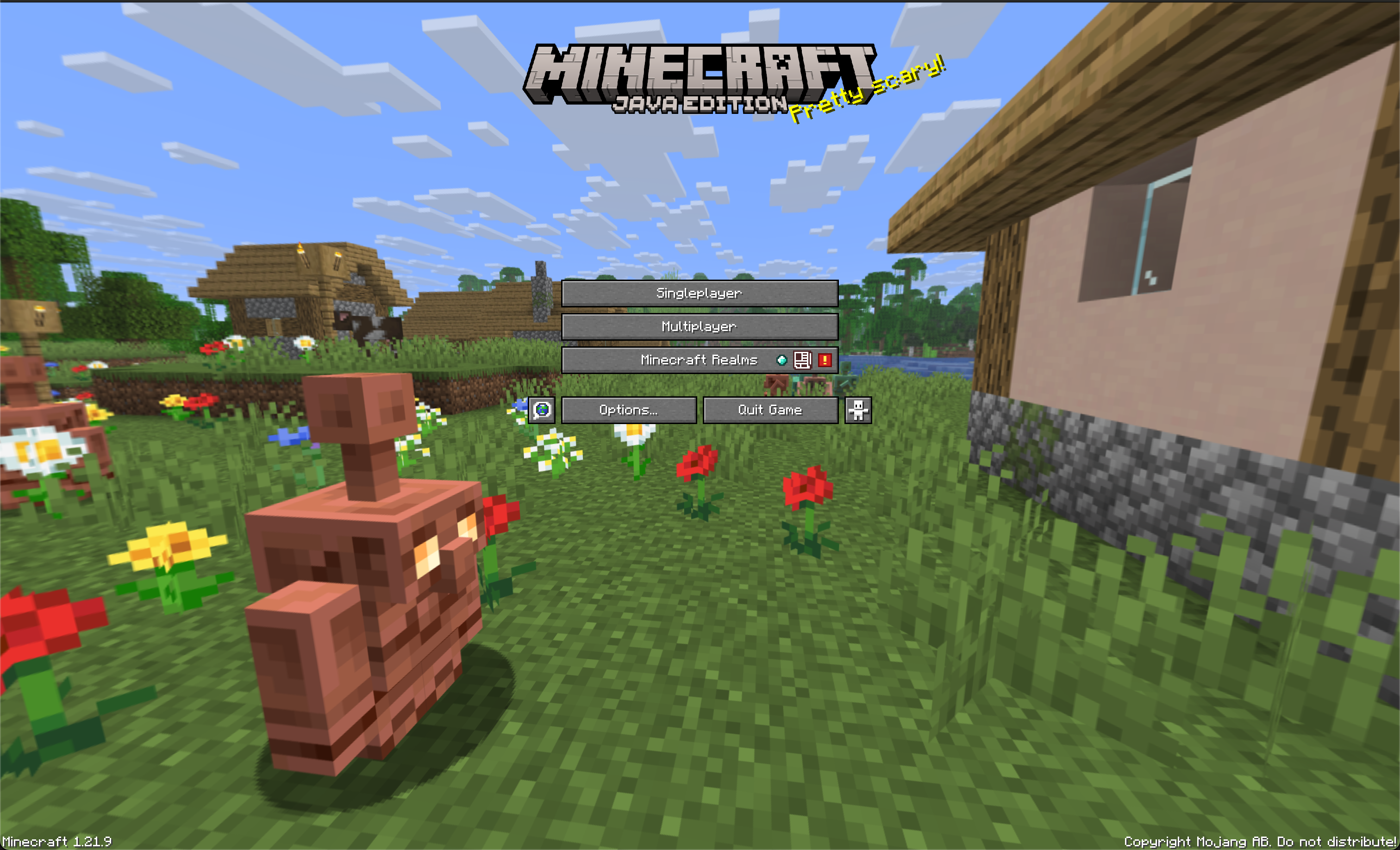 Survival Blocks Community showcases the Minecraft Java Edition home screen with a vibrant village background featuring a golem and colorful flowers under a clear sky.